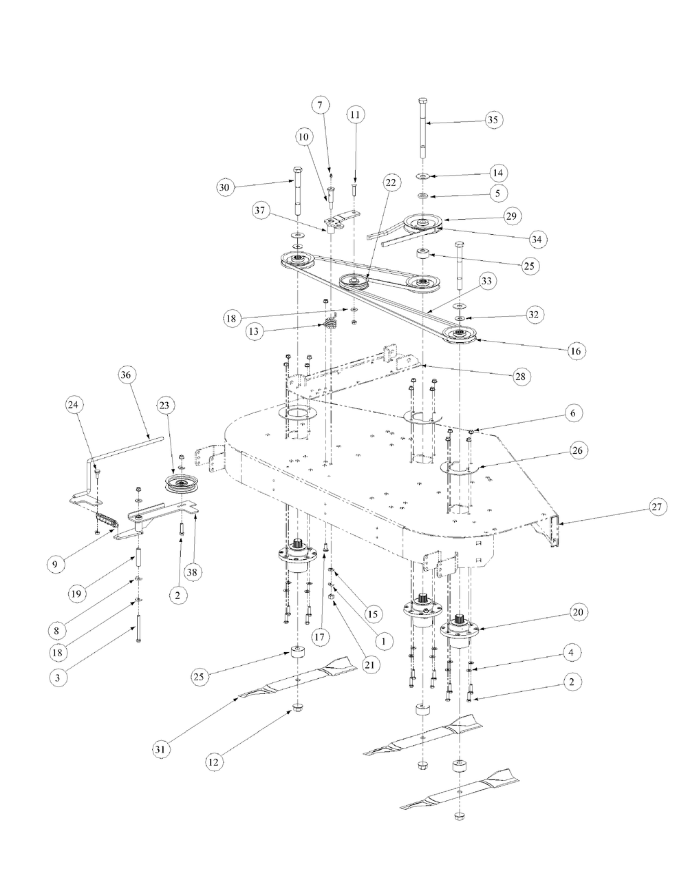 Fabricated Deck Spindle Assembly Diagram and Parts List for M60-KW (53AB5D8X150-25-HP)(2003) Cub Cadet Lawn Tractor